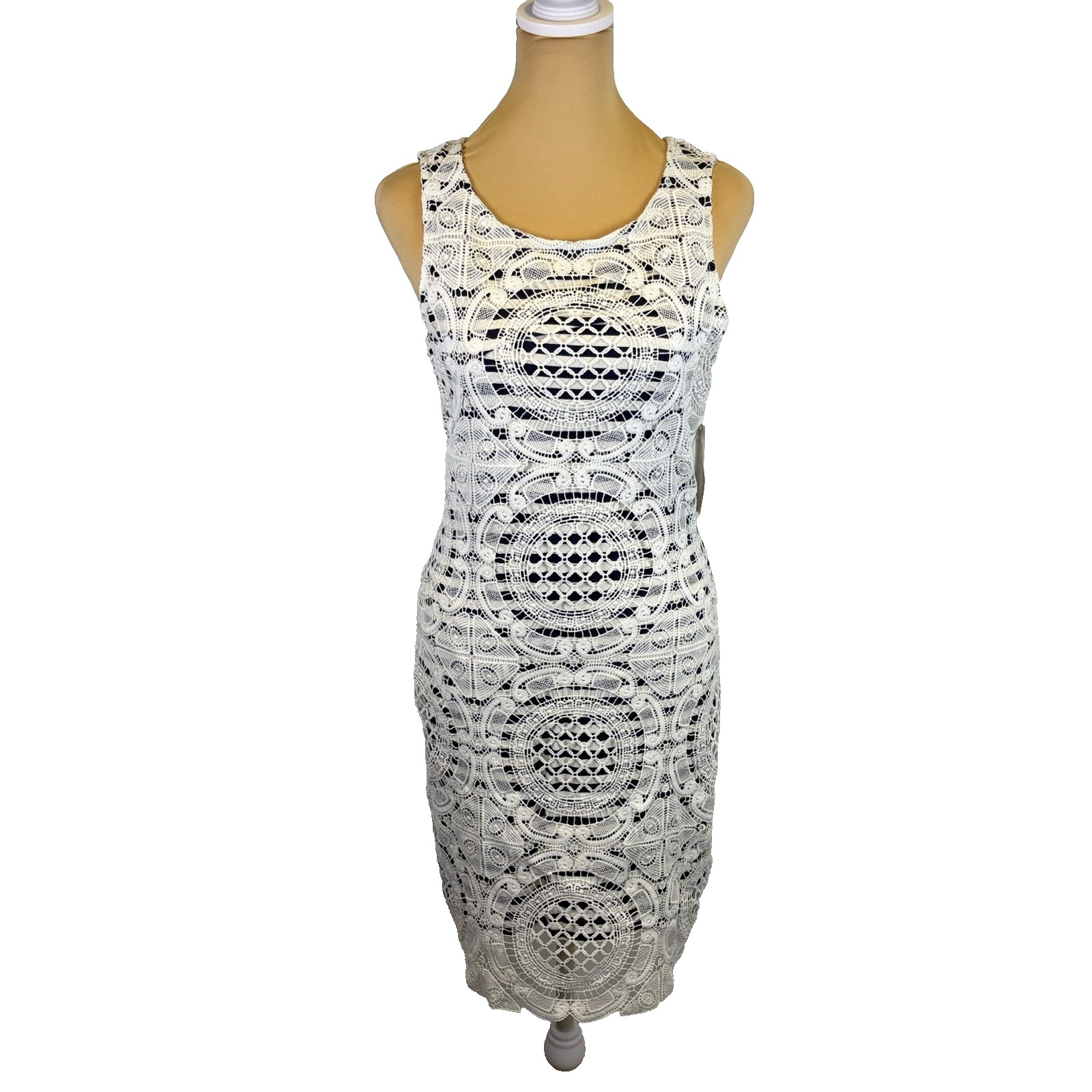 Mystree Crochet Lace Dress Size M White Navy Blue Nautical Beach Vacation Resort